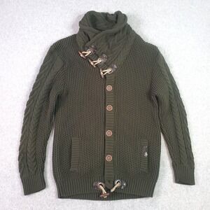 Leif Nelson Sweater Mens 2XL Green High Neck Cable Cardigan Toggle Button Front